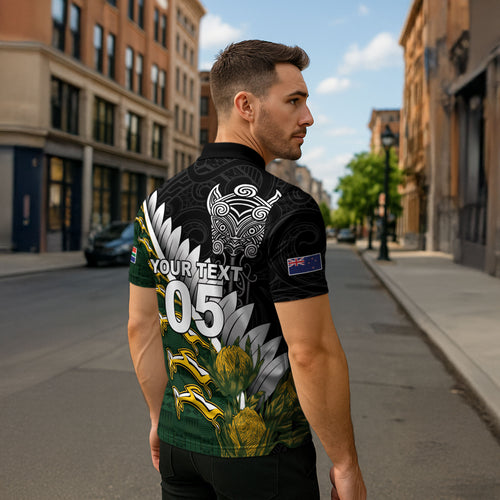 Custom Rugby New Zealand And South Africa Zipper Polo Shirt Silver Fern With Springboks