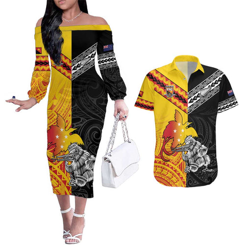 New Zealand And Papua New Guinea Rugby Custom Couples Matching Off The Shoulder Long Sleeve Dress and Hawaiian Shirt Maori Kiwi With Bird of Paradise