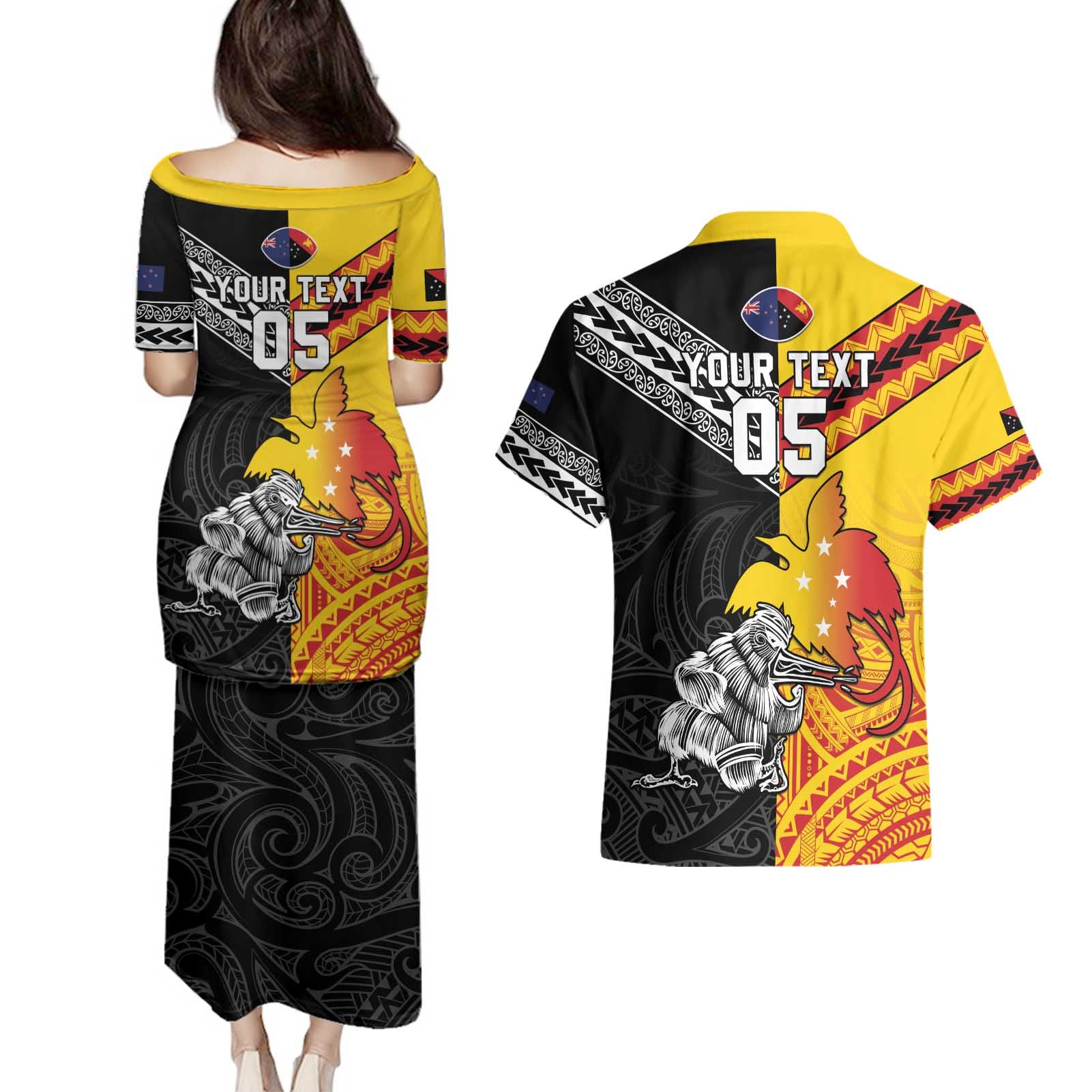 New Zealand And Papua New Guinea Rugby Custom Couples Matching Puletasi and Hawaiian Shirt Maori Kiwi With Bird of Paradise