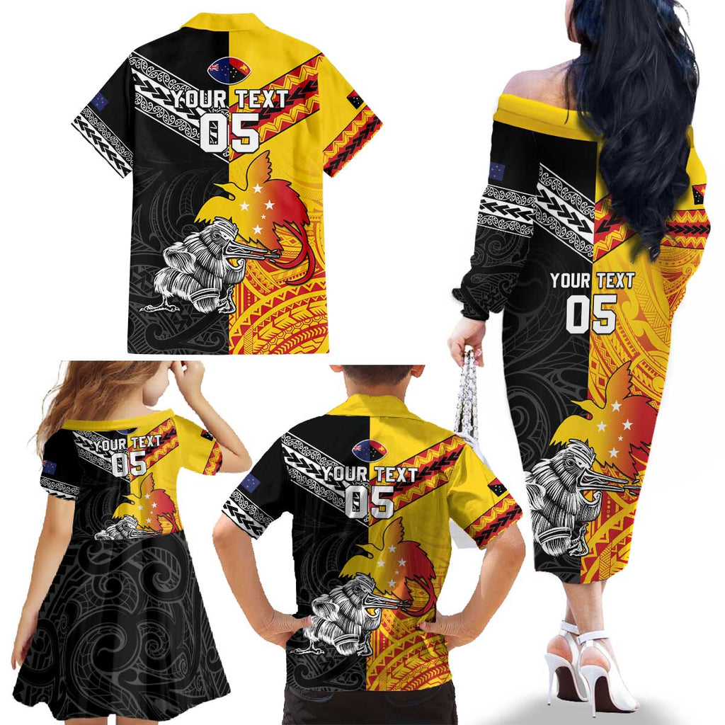 New Zealand And Papua New Guinea Rugby Custom Family Matching Off The Shoulder Long Sleeve Dress and Hawaiian Shirt Maori Kiwi With Bird of Paradise