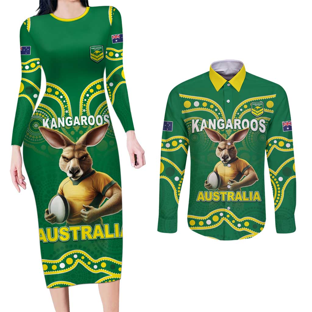 Australia Rugby Custom Couples Matching Long Sleeve Bodycon Dress and Long Sleeve Button Shirt Kangaroos Make History Pacific Champions