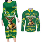 Australia Rugby Custom Couples Matching Long Sleeve Bodycon Dress and Long Sleeve Button Shirt Kangaroos Make History Pacific Champions