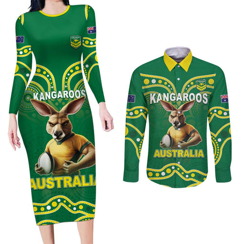 Australia Rugby Custom Couples Matching Long Sleeve Bodycon Dress and Long Sleeve Button Shirt Kangaroos Make History Pacific Champions