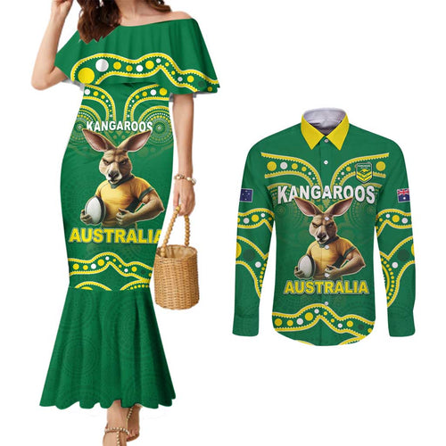 Australia Rugby Custom Couples Matching Mermaid Dress and Long Sleeve Button Shirt Kangaroos Make History Pacific Champions