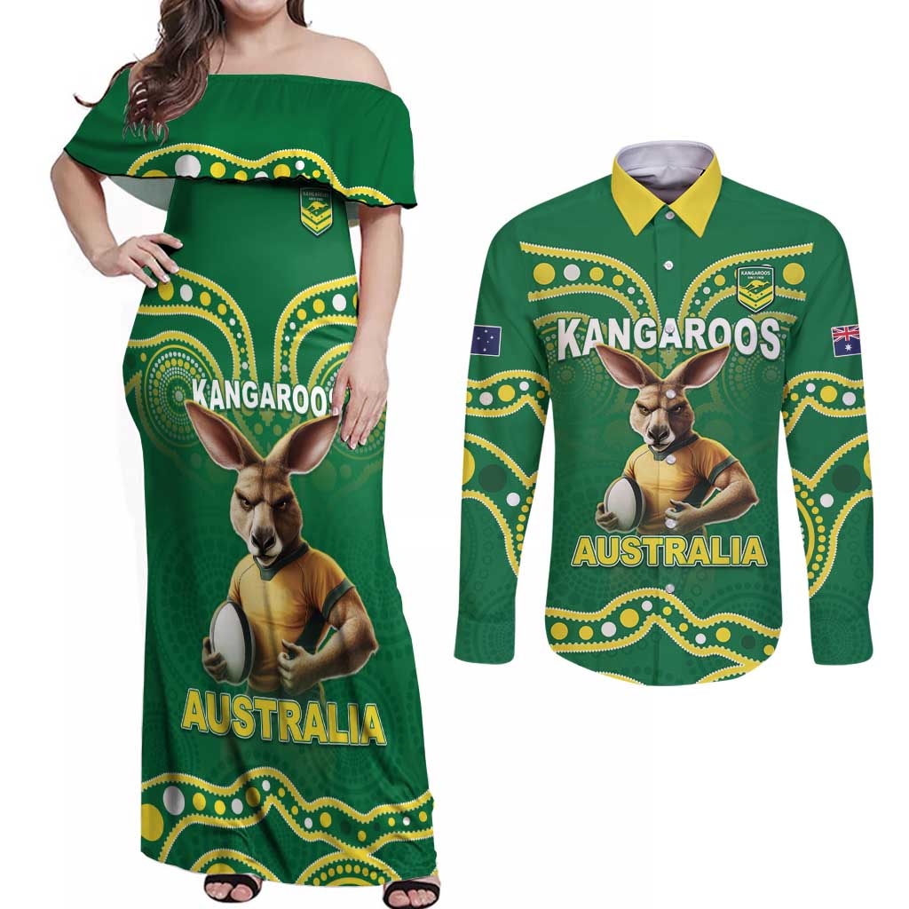 Australia Rugby Custom Couples Matching Off Shoulder Maxi Dress and Long Sleeve Button Shirt Kangaroos Make History Pacific Champions