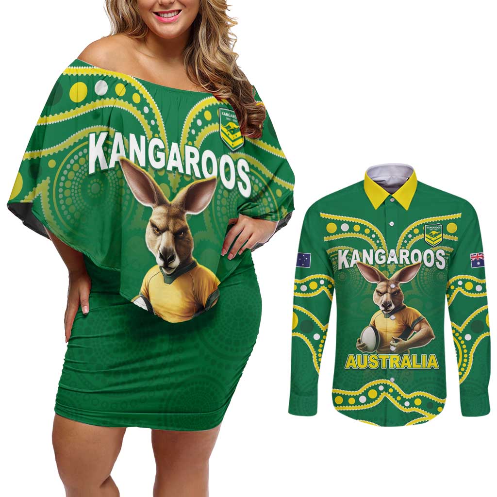 Australia Rugby Custom Couples Matching Off Shoulder Short Dress and Long Sleeve Button Shirt Kangaroos Make History Pacific Champions