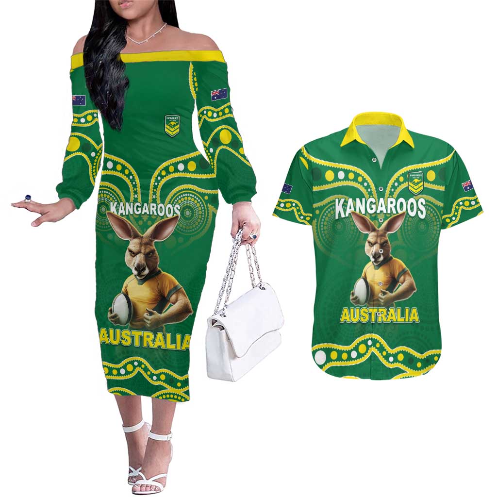 Australia Rugby Custom Couples Matching Off The Shoulder Long Sleeve Dress and Hawaiian Shirt Kangaroos Make History Pacific Champions