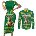 Australia Rugby Custom Couples Matching Short Sleeve Bodycon Dress and Long Sleeve Button Shirt Kangaroos Make History Pacific Champions