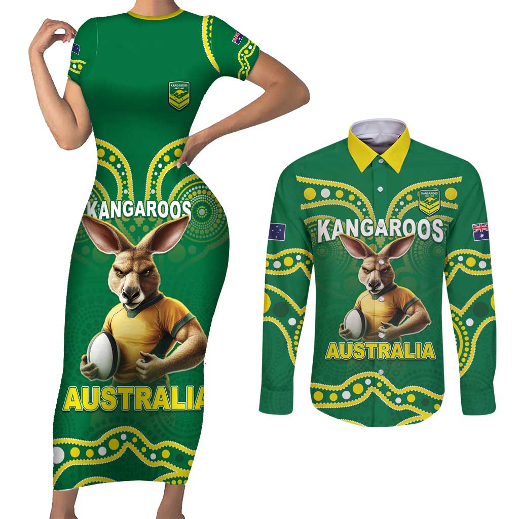Australia Rugby Custom Couples Matching Short Sleeve Bodycon Dress and Long Sleeve Button Shirt Kangaroos Make History Pacific Champions