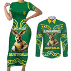Australia Rugby Custom Couples Matching Short Sleeve Bodycon Dress and Long Sleeve Button Shirt Kangaroos Make History Pacific Champions