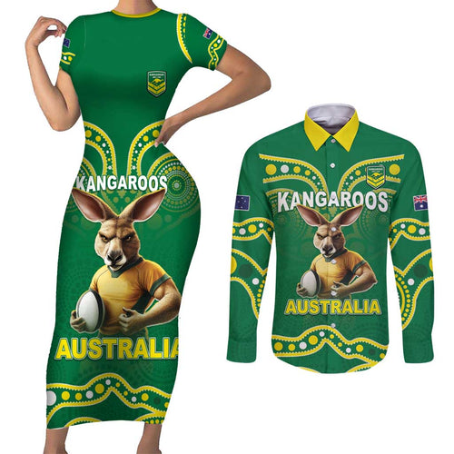 Australia Rugby Custom Couples Matching Short Sleeve Bodycon Dress and Long Sleeve Button Shirt Kangaroos Make History Pacific Champions