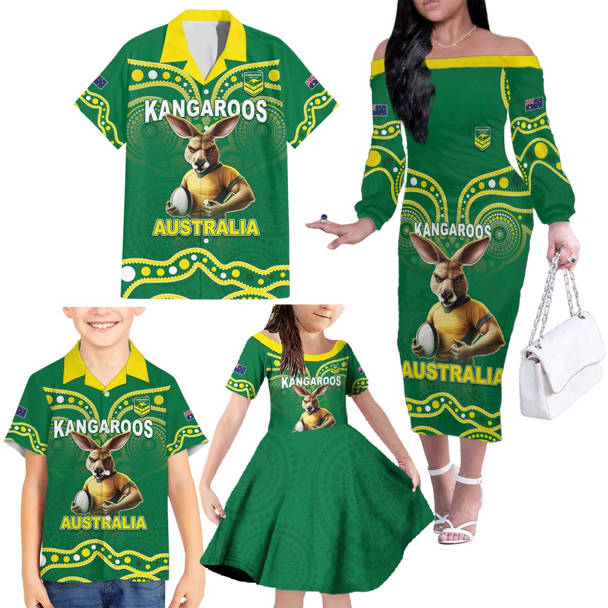 Australia Rugby Custom Family Matching Off The Shoulder Long Sleeve Dress and Hawaiian Shirt Kangaroos Make History Pacific Champions