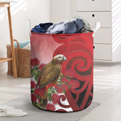 New Zealand Parrot Kaka Laundry Basket Maori Koru With Pohutukawa Flowers - Aussie Hoodie