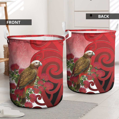 New Zealand Parrot Kaka Laundry Basket Maori Koru With Pohutukawa Flowers - Aussie Hoodie