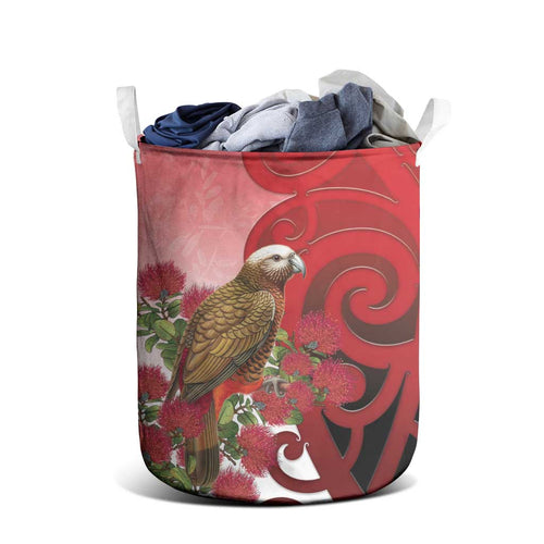 New Zealand Parrot Kaka Laundry Basket Maori Koru With Pohutukawa Flowers - Aussie Hoodie