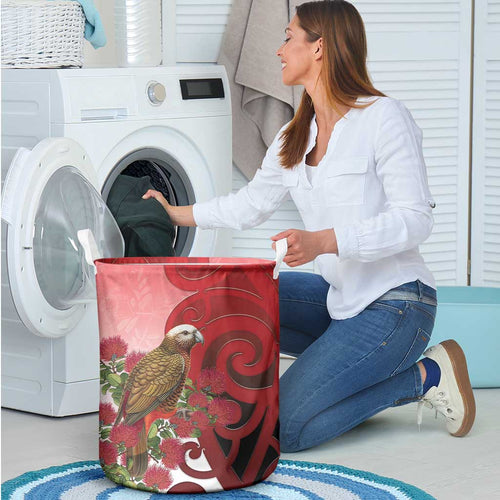 New Zealand Parrot Kaka Laundry Basket Maori Koru With Pohutukawa Flowers - Aussie Hoodie