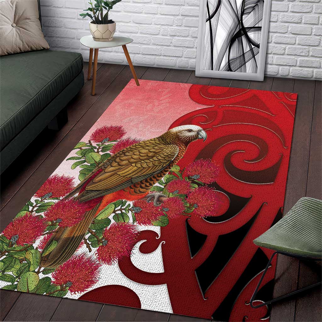 New Zealand Parrot Kaka Area Rug Maori Koru With Pohutukawa Flowers - Aussie Hoodie
