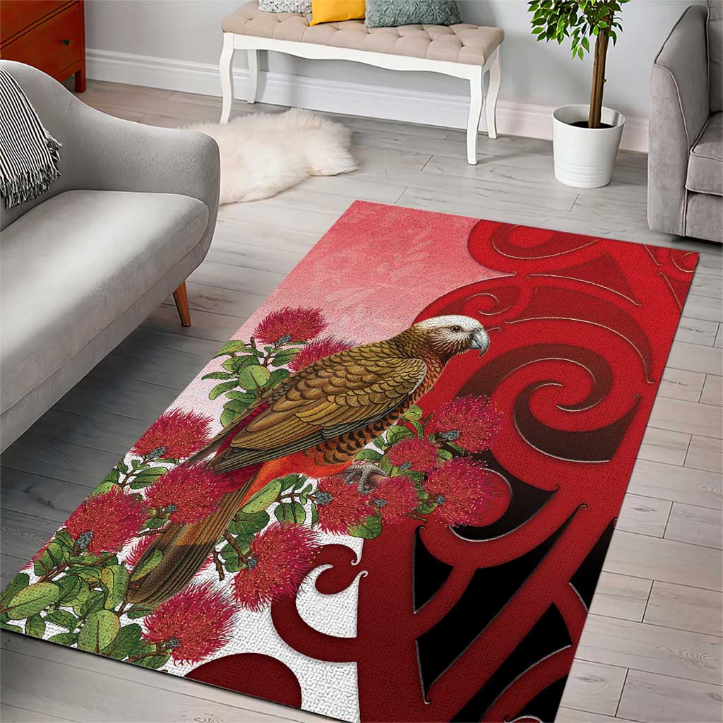 New Zealand Parrot Kaka Area Rug Maori Koru With Pohutukawa Flowers - Aussie Hoodie