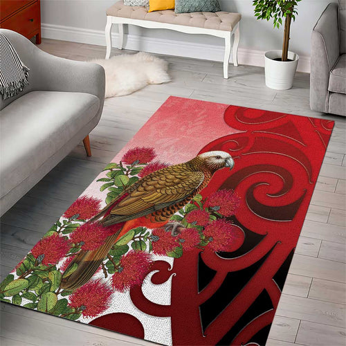 New Zealand Parrot Kaka Area Rug Maori Koru With Pohutukawa Flowers - Aussie Hoodie