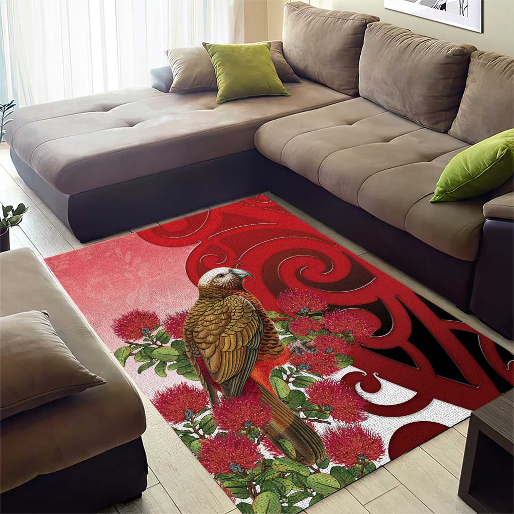 New Zealand Parrot Kaka Area Rug Maori Koru With Pohutukawa Flowers - Aussie Hoodie