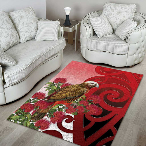 New Zealand Parrot Kaka Area Rug Maori Koru With Pohutukawa Flowers - Aussie Hoodie