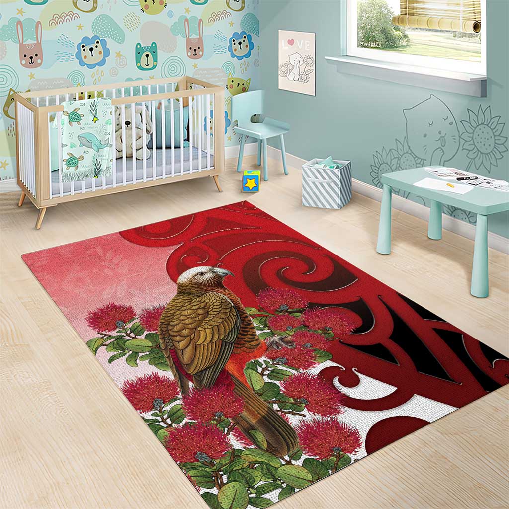 New Zealand Parrot Kaka Area Rug Maori Koru With Pohutukawa Flowers - Aussie Hoodie