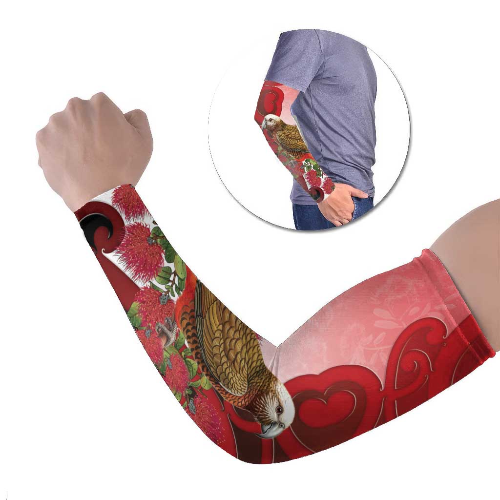 New Zealand Parrot Kaka Arm Sleeves Maori Koru With Pohutukawa Flowers - Aussie Hoodie