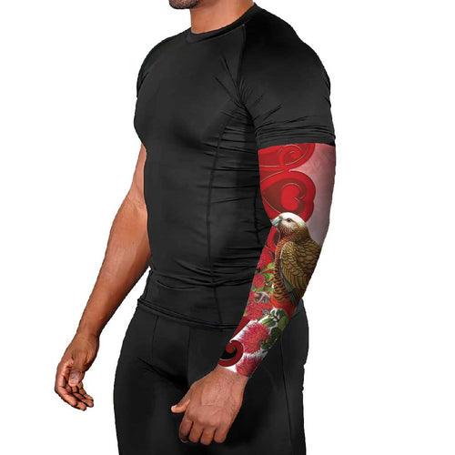 New Zealand Parrot Kaka Arm Sleeves Maori Koru With Pohutukawa Flowers - Aussie Hoodie