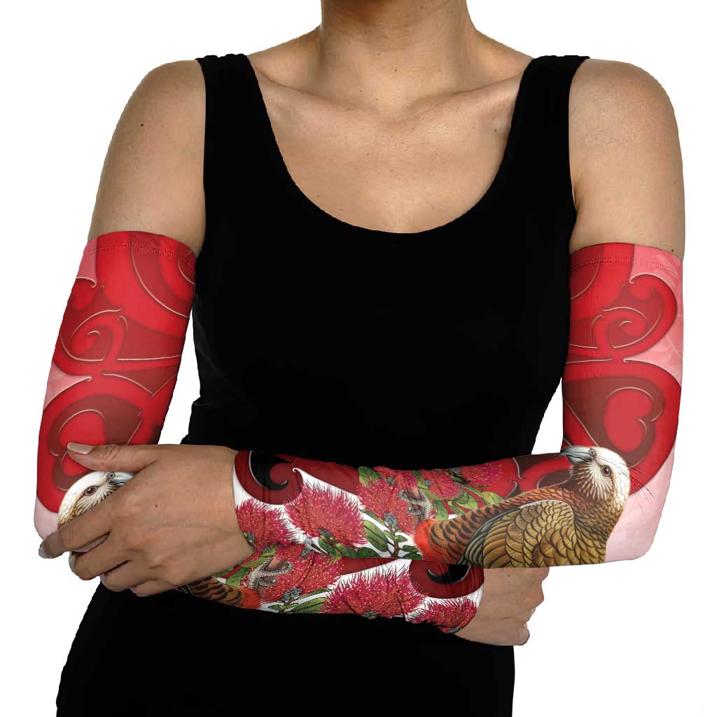 New Zealand Parrot Kaka Arm Sleeves Maori Koru With Pohutukawa Flowers - Aussie Hoodie