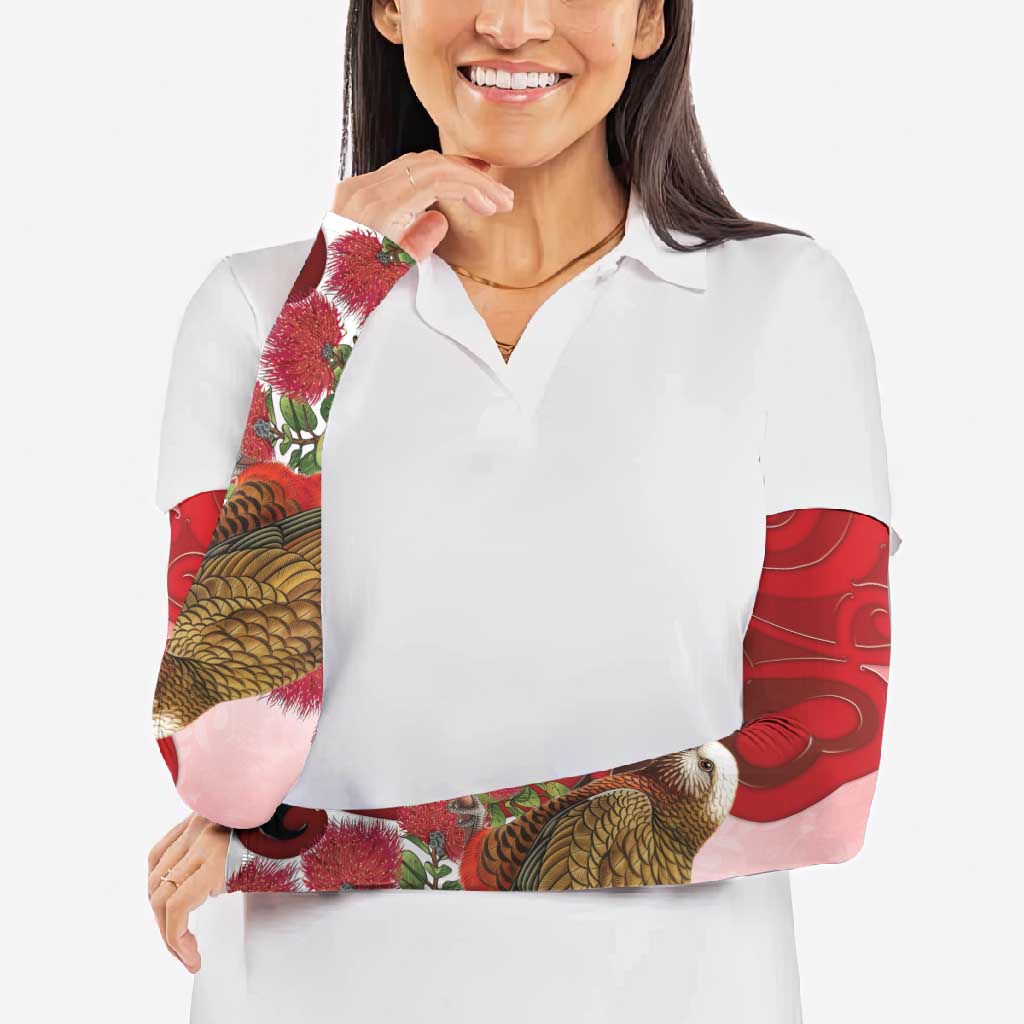 New Zealand Parrot Kaka Arm Sleeves Maori Koru With Pohutukawa Flowers - Aussie Hoodie