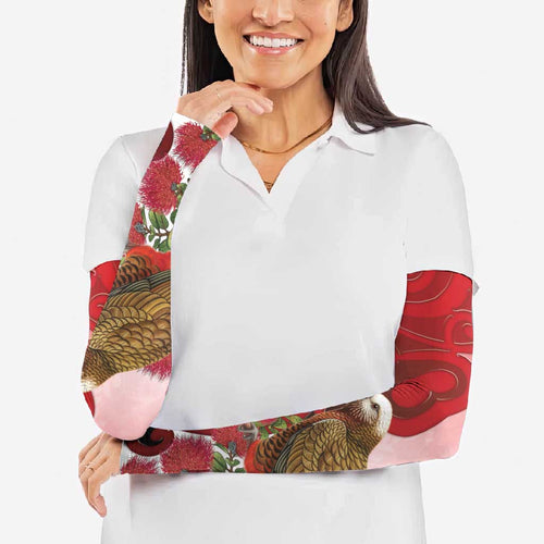 New Zealand Parrot Kaka Arm Sleeves Maori Koru With Pohutukawa Flowers - Aussie Hoodie