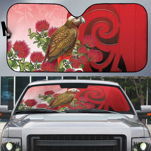 New Zealand Parrot Kaka Auto Sun Shade Maori Koru With Pohutukawa Flowers - Aussie Hoodie