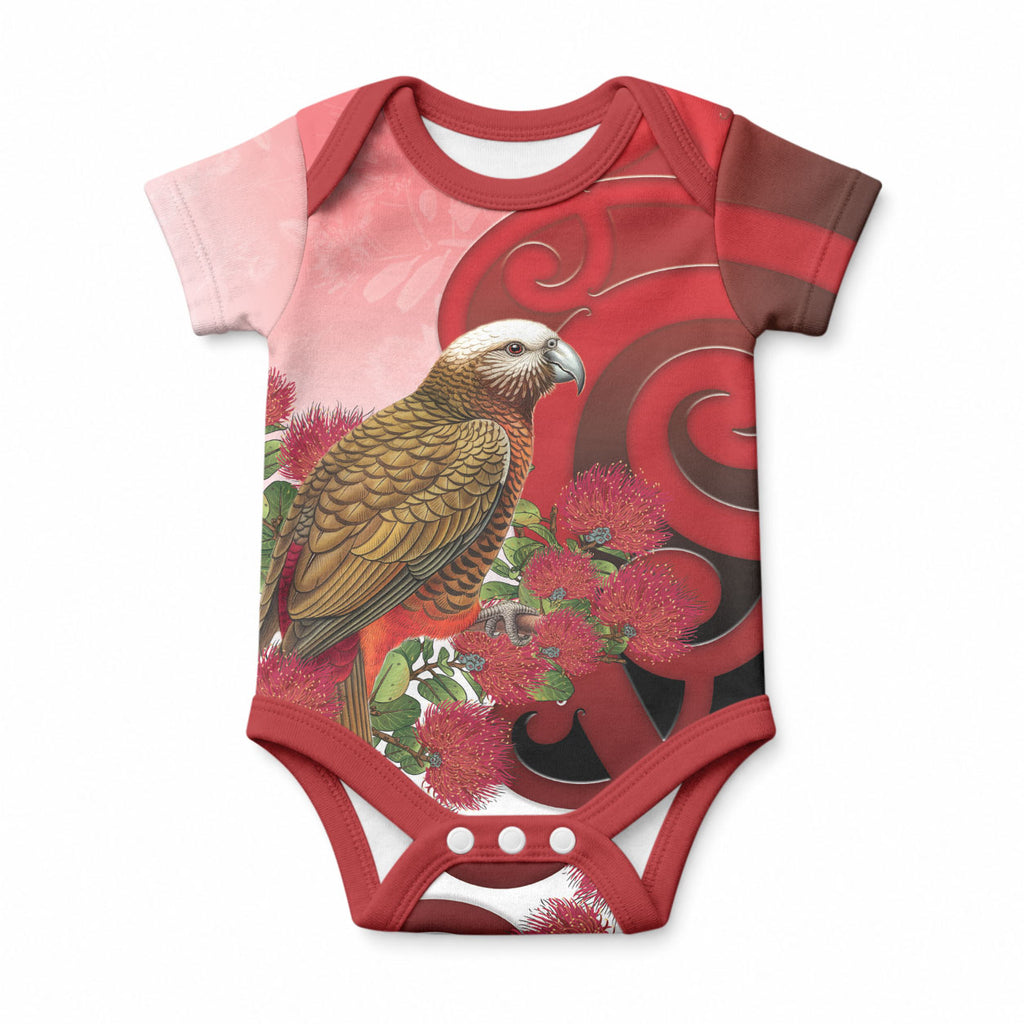 New Zealand Parrot Kaka Baby Onesie Maori Koru With Pohutukawa Flowers