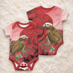 New Zealand Parrot Kaka Baby Onesie Maori Koru With Pohutukawa Flowers