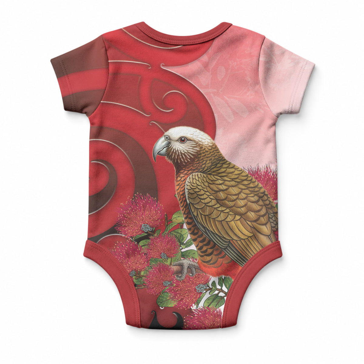 New Zealand Parrot Kaka Baby Onesie Maori Koru With Pohutukawa Flowers