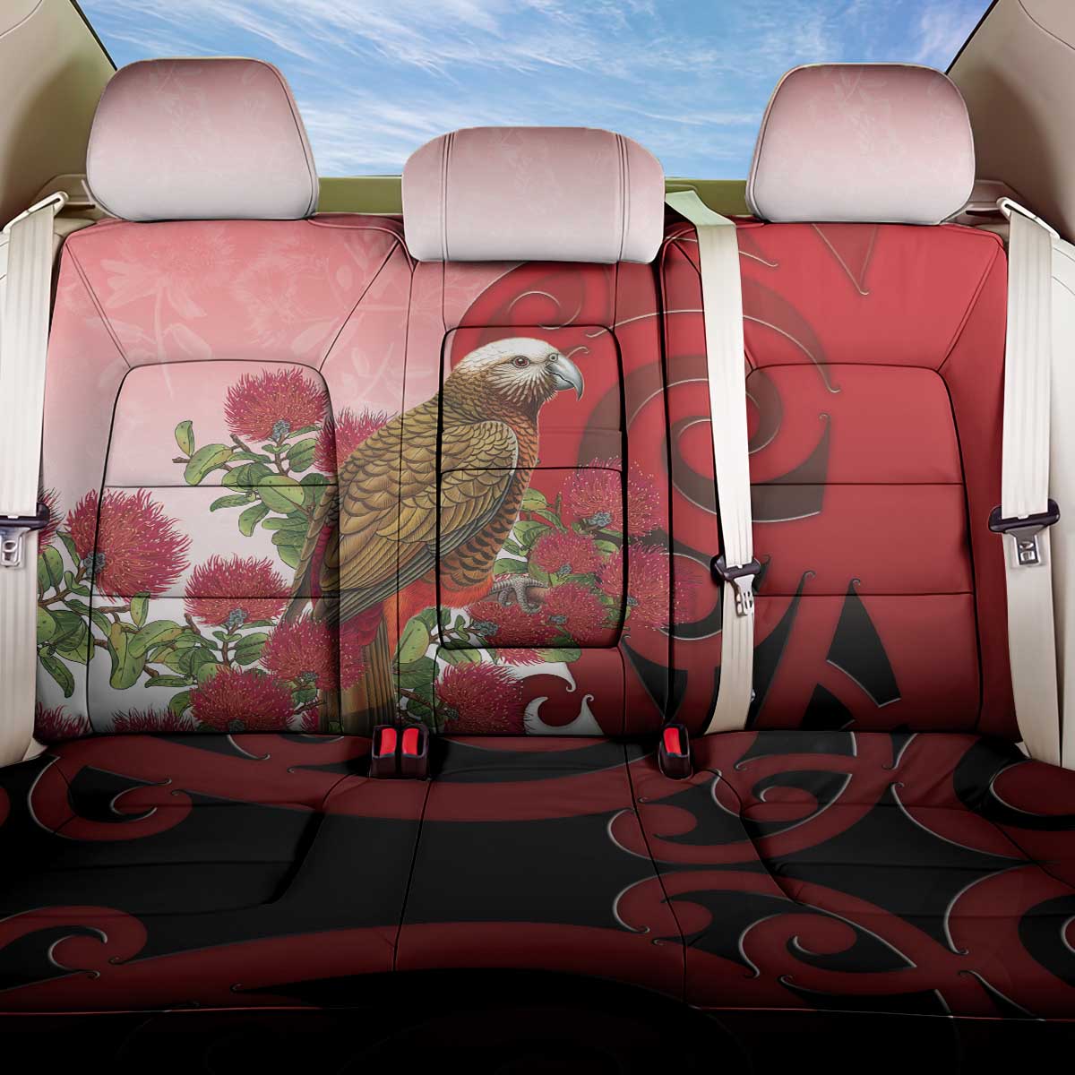 New Zealand Parrot Kaka Back Car Seat Cover Maori Koru With Pohutukawa Flowers - Aussie Hoodie