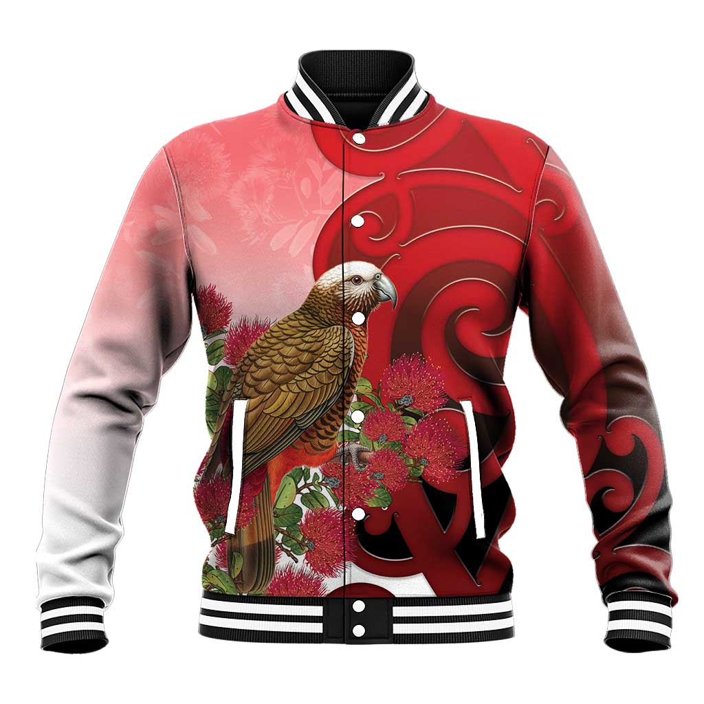 New Zealand Parrot Kaka Baseball Jacket Maori Koru With Pohutukawa Flowers - Aussie Hoodie