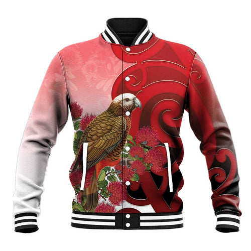 New Zealand Parrot Kaka Baseball Jacket Maori Koru With Pohutukawa Flowers - Aussie Hoodie