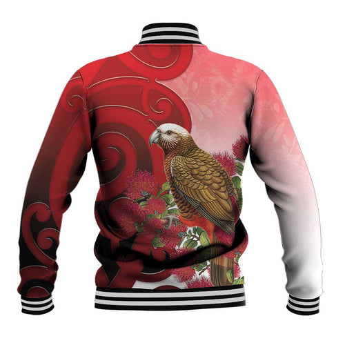 New Zealand Parrot Kaka Baseball Jacket Maori Koru With Pohutukawa Flowers - Aussie Hoodie