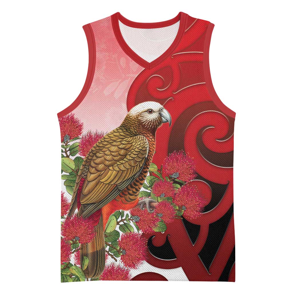 New Zealand Parrot Kaka Basketball Jersey Maori Koru With Pohutukawa Flowers - Aussie Hoodie