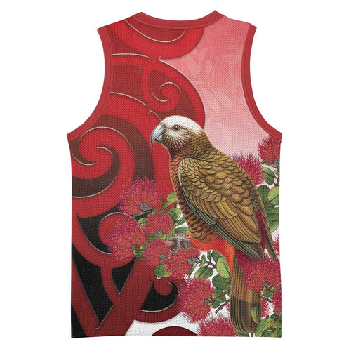 New Zealand Parrot Kaka Basketball Jersey Maori Koru With Pohutukawa Flowers - Aussie Hoodie