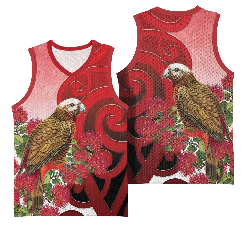 New Zealand Parrot Kaka Basketball Jersey Maori Koru With Pohutukawa Flowers - Aussie Hoodie