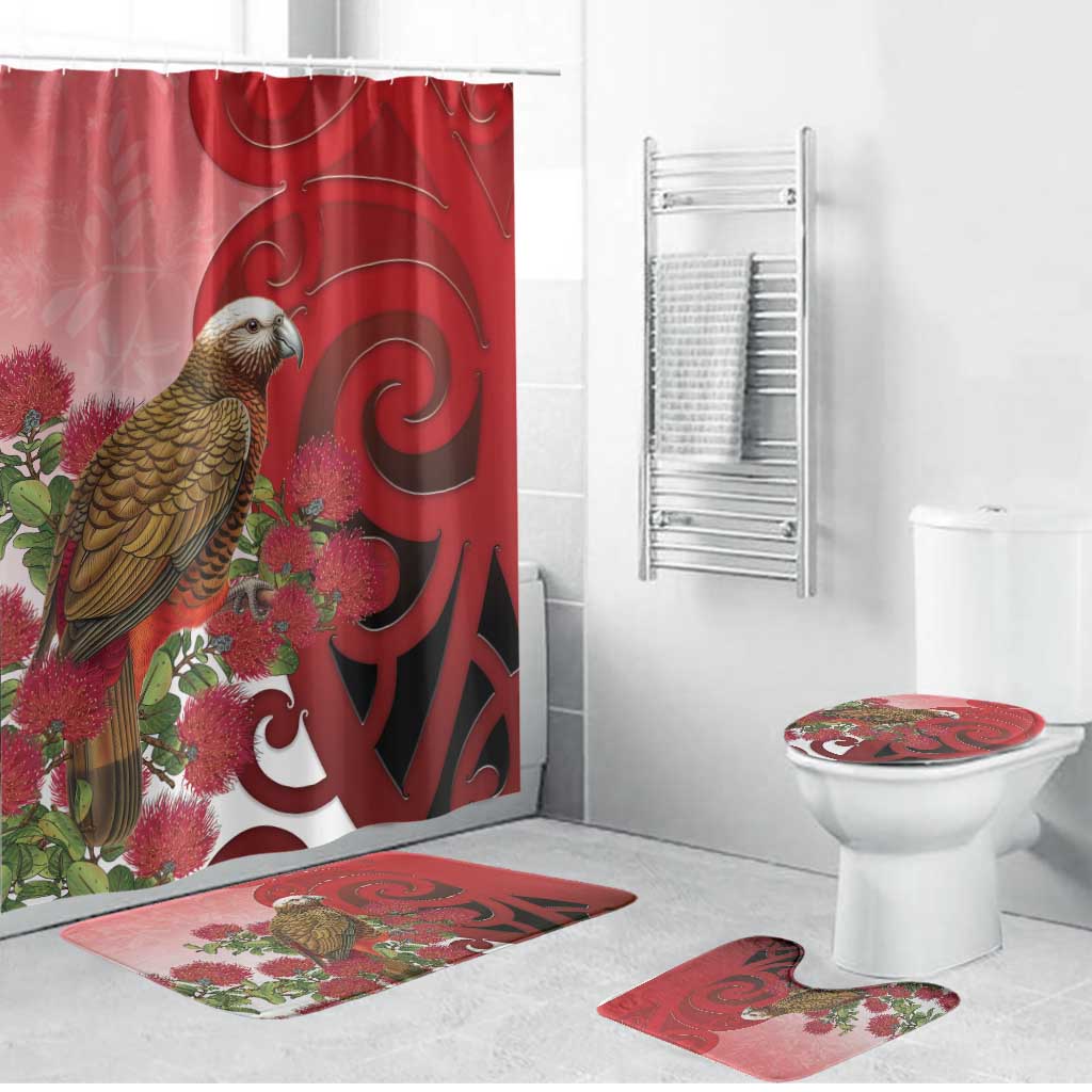 New Zealand Parrot Kaka Bathroom Set Maori Koru With Pohutukawa Flowers - Aussie Hoodie