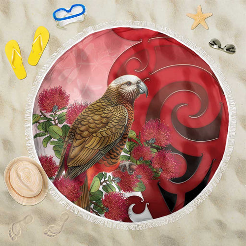 New Zealand Parrot Kaka Beach Blanket Maori Koru With Pohutukawa Flowers - Aussie Hoodie