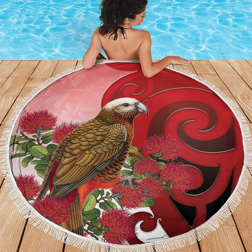 New Zealand Parrot Kaka Beach Blanket Maori Koru With Pohutukawa Flowers - Aussie Hoodie