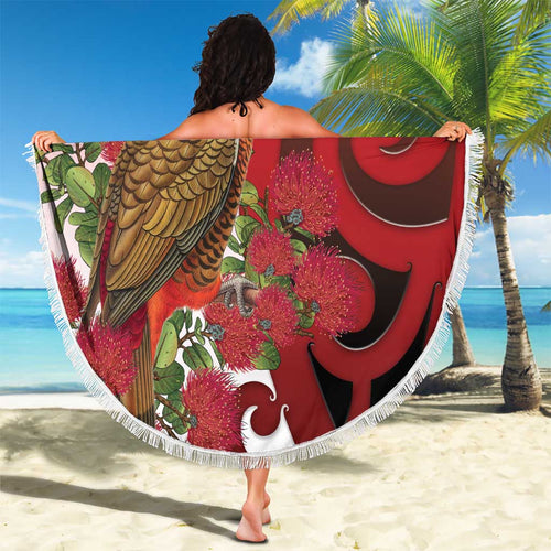 New Zealand Parrot Kaka Beach Blanket Maori Koru With Pohutukawa Flowers - Aussie Hoodie