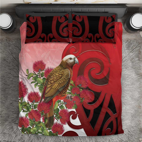 New Zealand Parrot Kaka Bedding Set Maori Koru With Pohutukawa Flowers - Aussie Hoodie