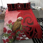 New Zealand Parrot Kaka Bedding Set Maori Koru With Pohutukawa Flowers - Aussie Hoodie