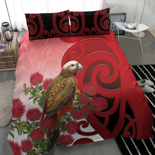 New Zealand Parrot Kaka Bedding Set Maori Koru With Pohutukawa Flowers - Aussie Hoodie