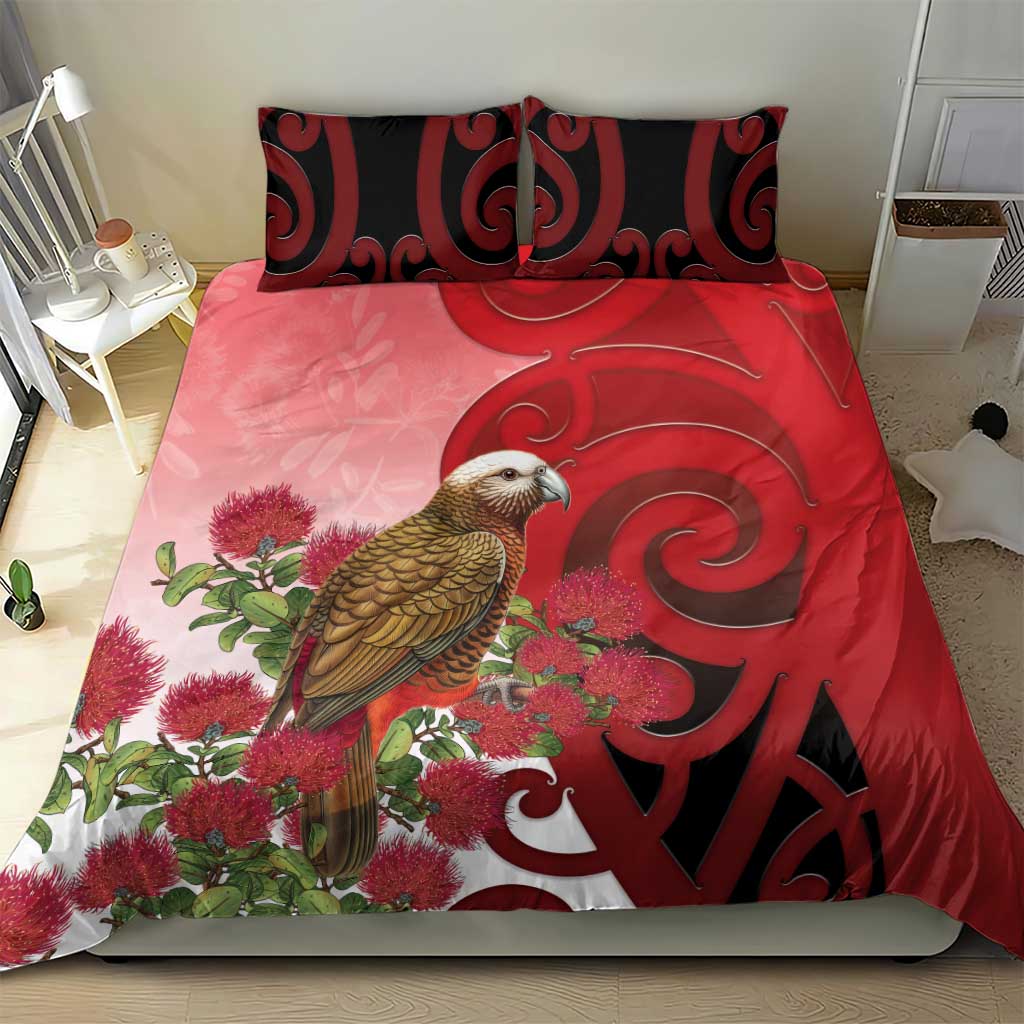 New Zealand Parrot Kaka Bedding Set Maori Koru With Pohutukawa Flowers - Aussie Hoodie